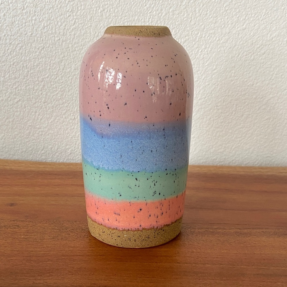 Threshold Glazed pottery vase small flower Bud vase pastel stripes drip handmade